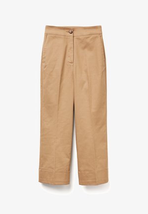 Béžové bavlněné kalhoty s širokými nohavicemi a vysokým pasem, předními kapsami a jedním knoflíkem na zapínání. Mají čisté linie a upravený siluetu.