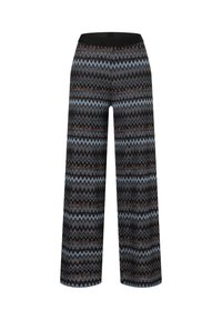 Weite Hosen mit einem Zickzackmuster in Schwarz, Blau und Braun. Der Bund ist schwarz und elastisch, was Flexibilität bei der Passform bietet.
