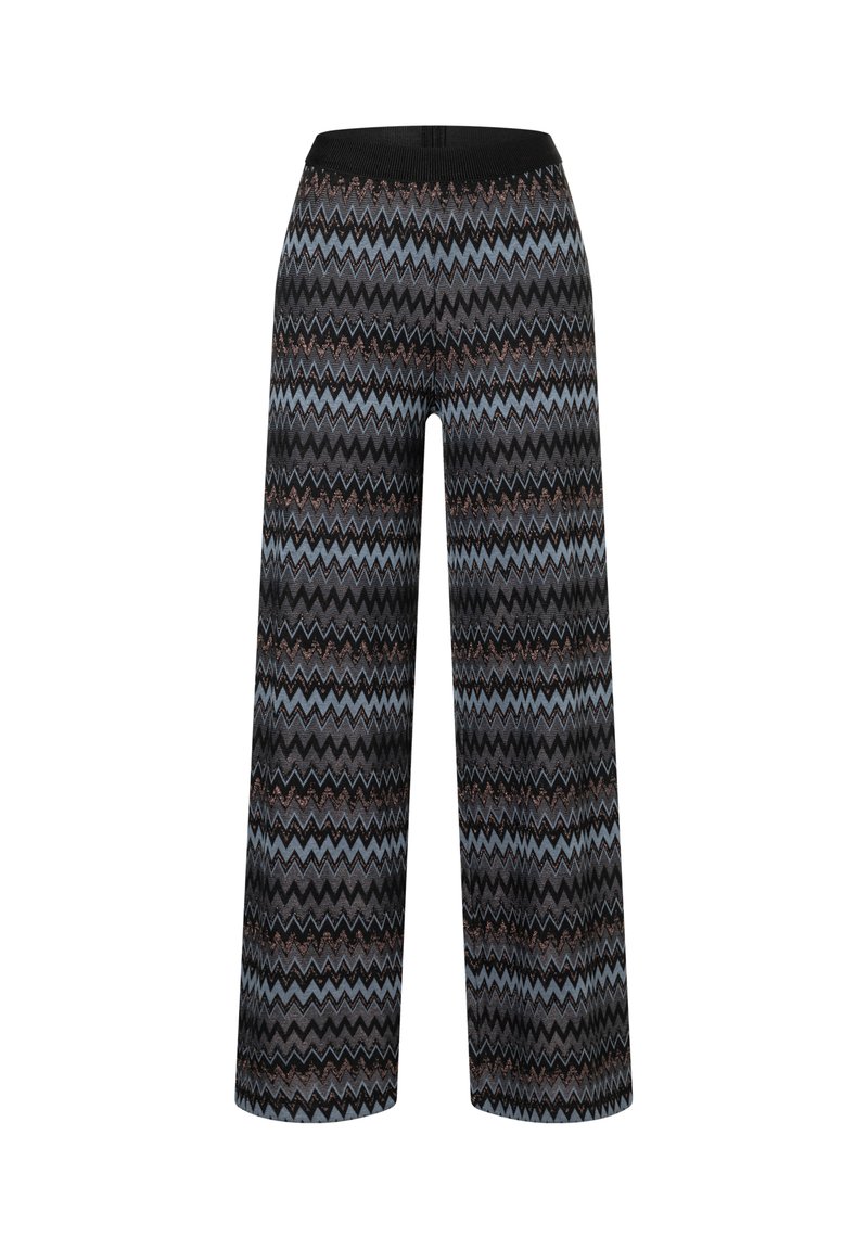 Weite Hosen mit einem Zickzackmuster in Schwarz, Blau und Braun. Der Bund ist schwarz und elastisch, was Flexibilität bei der Passform bietet.