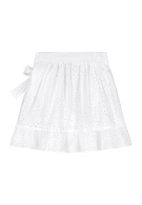 Bílá bavlněná sukně s nařaseným pasem a detailem mašle. Obsahuje vyšívané vzory s očky a volánkový lem.