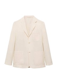 Lys beige linned blazer med notch-lapper, enkelt knaplukning, brystlomme og to forreste påsyede lommer. Klassisk, skræddersyet design.