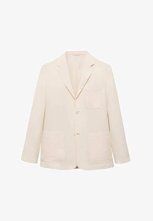 Svetle béžový lněný blazer s klopami, jediným knoflíkem, náprsní kapsou a dvěma předními našitými kapsami. Klasický, přizpůsobený design.