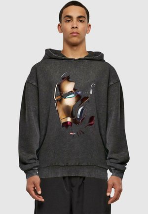 Black sweatshirt with a hood featuring a metallic Iron Man mask graphic in gold and silver tones, set against a textured dark background.