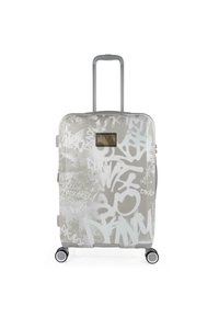 Maleta rígida con un fondo gris y patrones de grafiti blancos. Cuenta con un mango retráctil y ruedas que rodan suavemente.