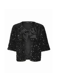 Bolero de lentejuelas negras con un detalle de lazo brillante en el escote, mangas cortas y una superficie texturizada y brillante.