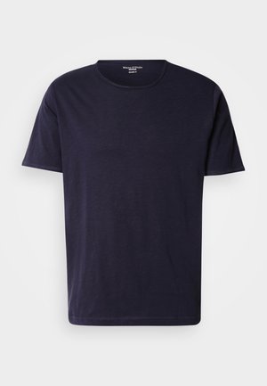 Dark navy T-shirt made from soft fabric, featuring a crew neck and short sleeves. Smooth texture with a simple, classic design.