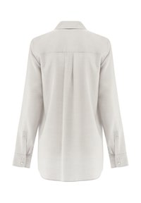 Hellegraues Langarmhemd mit Button-Down-Kragen, Rückenfalte und kontrastierenden Knöpfen an den Manschetten. Glattes, strukturiertes Gewebe.