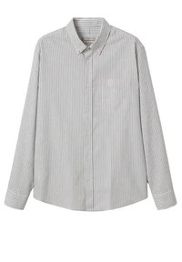 Lichtgrijze overhemd met dunne verticale strepen, voorzien van een kraag, lange mouwen en een enkel borstzakje. Zachte stoftextuur.