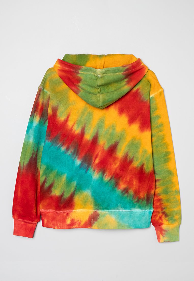 Bunter Tie-Dye-Hoodie mit einer Mischung aus grünen, gelben, roten und blauen Mustern. Er hat eine Kapuze und einen lässigen Schnitt. Strukturierter Stoff.