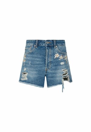 Plave traper kratke hlače s poderanim rubom, poderanim detaljima i cvjetnim vezom na prednjim džepovima, s visokim strukom i kopčanjem na gumb.