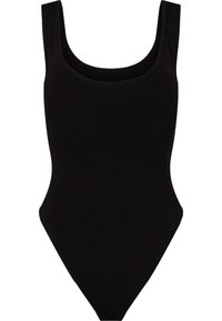 Black one-piece swimsuit with a round neckline, wide shoulder straps, and a high-cut leg design. Made of soft, stretch fabric.