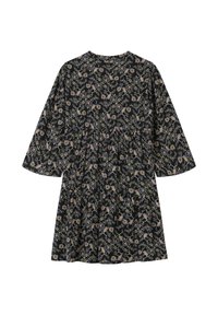 Robe noire à manches longues et taille froncée, arborant un motif floral multicolore en tons beige, violet et vert.