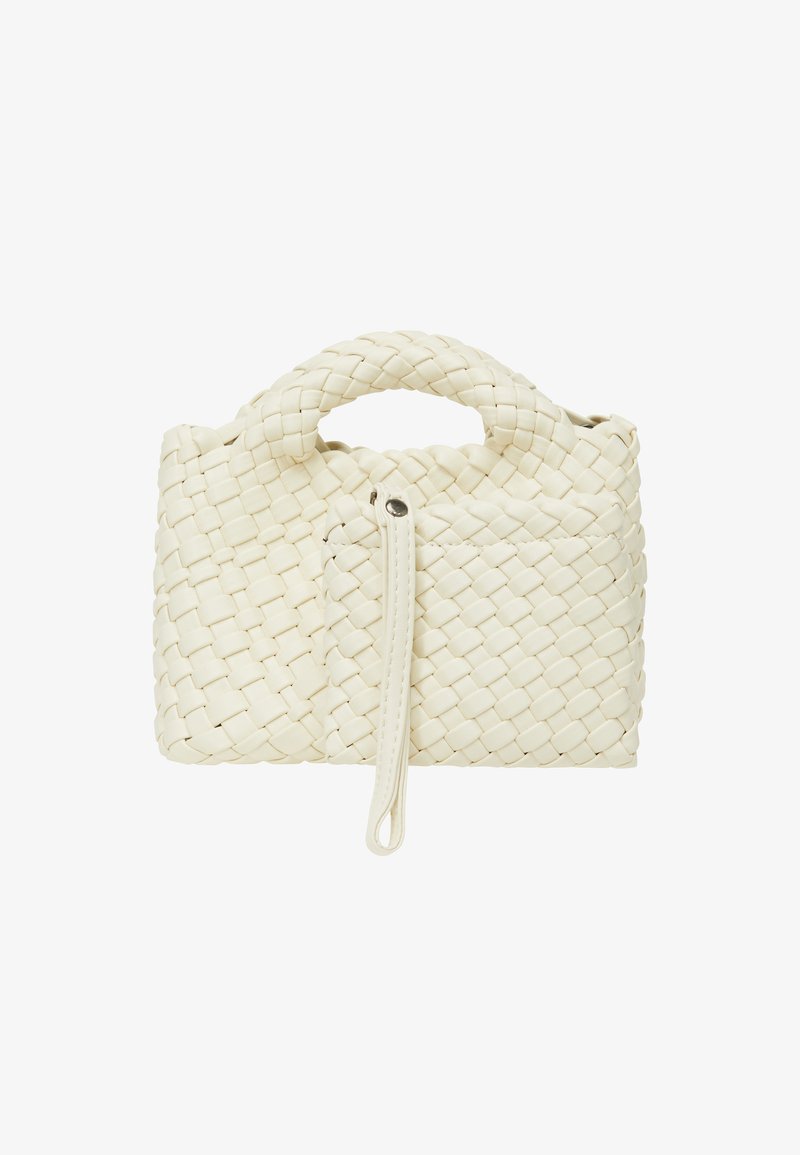 Nertinė balta rankinė su apvaliu viršutiniu rankenėliu, tekstūruota paviršiumi ir užtrauktuku. Turi mažą šoninį kišenę su užtrauktuku.