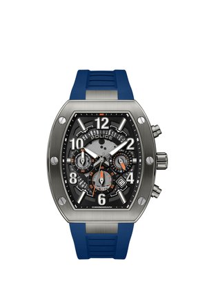 Chronograph-Armbanduhr mit rechteckigem Edelstahlgehäuse, schwarzem Zifferblatt, weißen Zahlen, drei Unterzifferblättern und blauem Kautschukarmband.