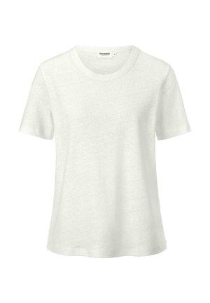 T-shirt bianco in cotone con scollo rotondo e maniche corte; presenta una texture morbida e liscia con un leggero motivo melange.
