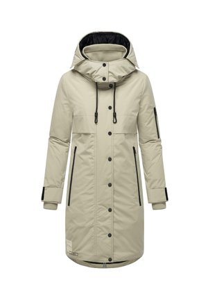Manteau d'hiver long beige avec capuche matelassée, boutons devant, poches zippées, poignets côtelés et cordons ajustables.