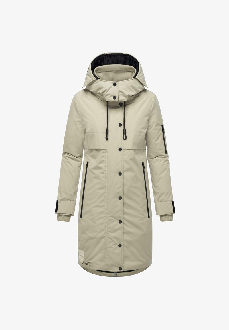 Manteau d'hiver long beige avec capuche matelassée, boutons devant, poches zippées, poignets côtelés et cordons ajustables.