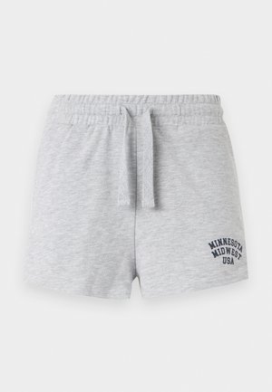 Pantaloni scurți din bumbac gri deschis cu talie elastică și șnur, având textul „Minnesota Midwest USA” pe partea inferioară dreaptă a piciorului.