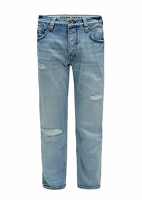 Jeans de mezclilla azul claro con un corte recto y parches desgastados en ambos muslos y rodillas, con lazos para el cinturón y bolsillos frontales.