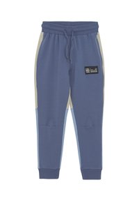 Blå bomullsblandning joggers med beige och ljusblå sidopaneler, elastiskt midjeband med dragsko och en svart varumärkesetikett på framsidan.