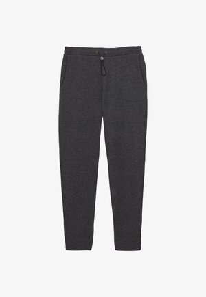 Ciemnoszare dresy z regulowanym sznurkiem w talii oraz bocznymi kieszeniami, wyłożone płasko na białym tle.