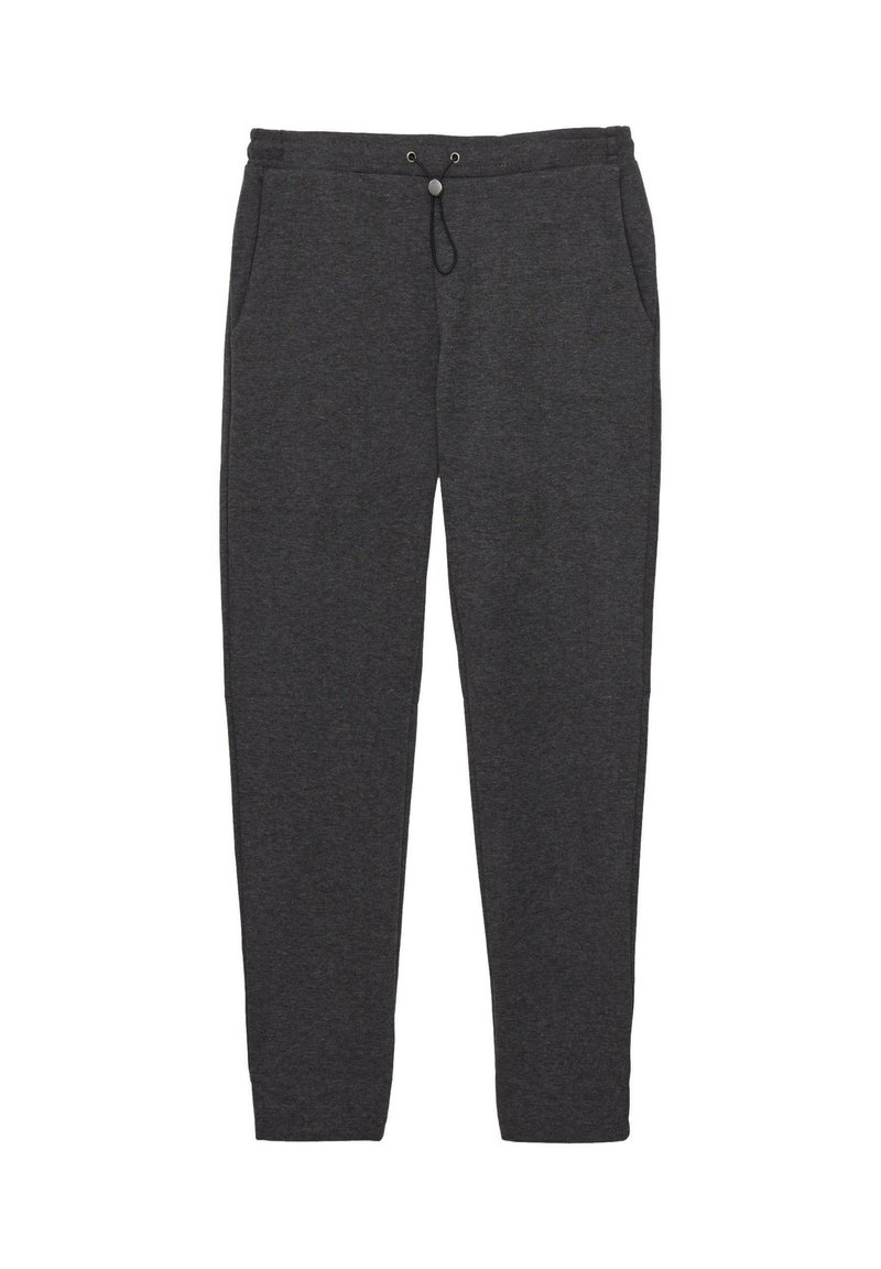 Ciemnoszare dresy z regulowanym sznurkiem w talii oraz bocznymi kieszeniami, wyłożone płasko na białym tle.