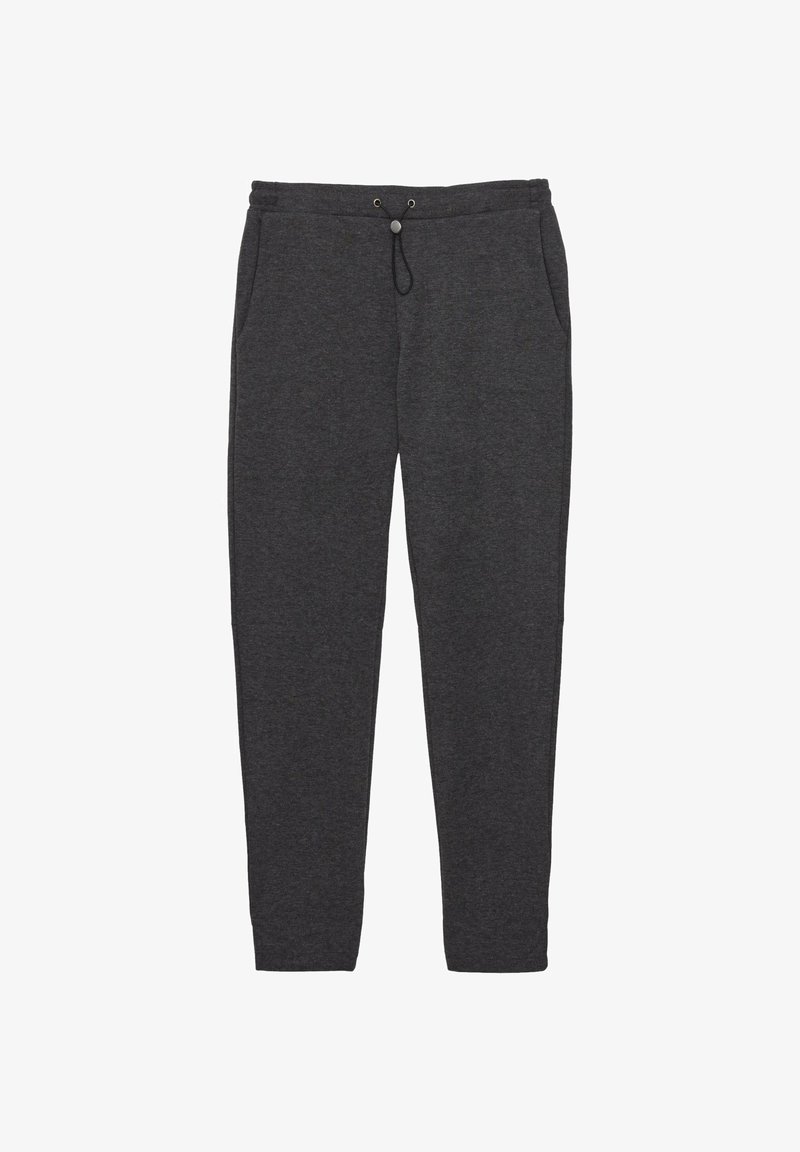 Ciemnoszare dresy z regulowanym sznurkiem w talii oraz bocznymi kieszeniami, wyłożone płasko na białym tle.