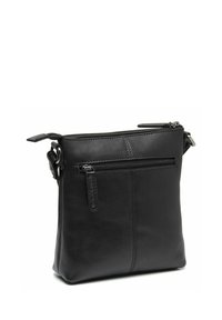 Schwarze Leder-Crossbody-Tasche mit einem Reißverschluss oben, Vordertasche und verstellbarem Schultergurt. Glatte Textur mit subtilen Nahtdetails.