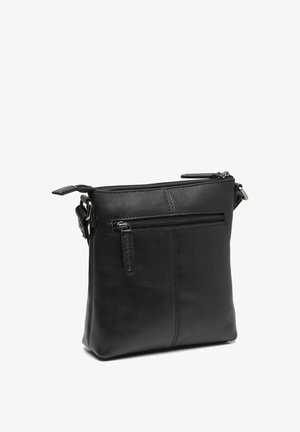 Borsa a tracolla nera in pelle con chiusura superiore con zip, tasca frontale e tracolla regolabile. Tessuto liscio con dettagli di cucitura sottili.