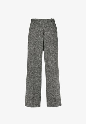 Hatut haarukat leveät housut karkean harmaan kankaan alla. Miellyttävä korkea vyötärö ja hillitty herringbone-kuvio. Ei näkyviä sulkimiä tai taskuja.