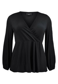Svart långärmad topp med en omslag design. Den har en v-ringning, samlade detaljer vid midjan och en mjuk, slät tygtextur.