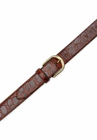 Ruskea nahkavyö, jossa on krokotiilikuosi ja kultainen metallinen solki, esitettytasaisesti valkoista taustaa vasten.