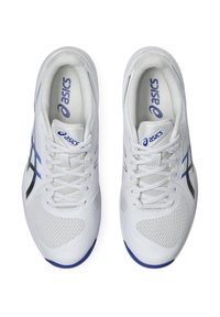 White athletic shoes made of synthetic material. Features a mesh design, blue accents, and a black stripe. Laces and padded interior visible.