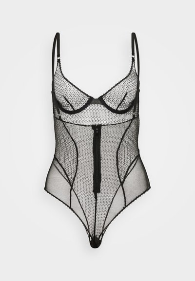 Černý body s průhlednou síťkou a tečkovaným vzorem, s nastavitelnými ramínky, kosticovými košíčky a předním zipem.