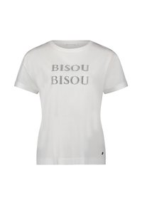 Hvid bomulds t-shirt med "BISOU BISOU" tekst i mørkegrå, korte ærmer, rund halsudskæring og en lille sort logoaccent på kanten.