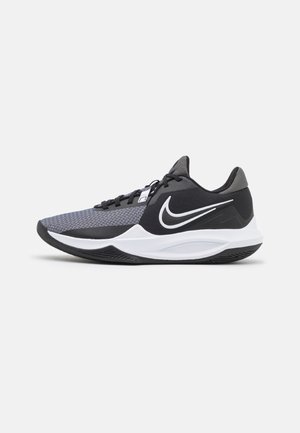 Czarno-szary niski but sportowy z białym logo Nike, czarnymi sznurówkami, wzorzystym przodem oraz białą midsole z teksturowaną czarną podeszwą zewnętrzną.