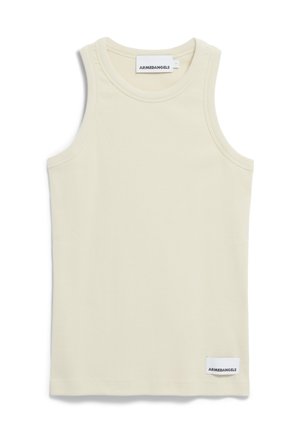 Cream-colored ribbed tank top with a round neckline and wide armholes. Features a small label at the bottom with "ARMEDANGELS" text.