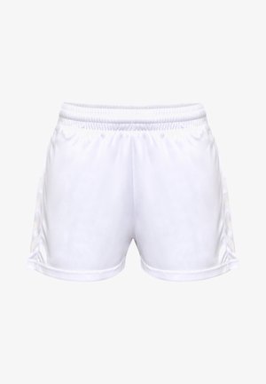 Hvide atletiske shorts med elastisk talje, lavet af glat stof, med sidelapper med subtile teksturdetaljer.