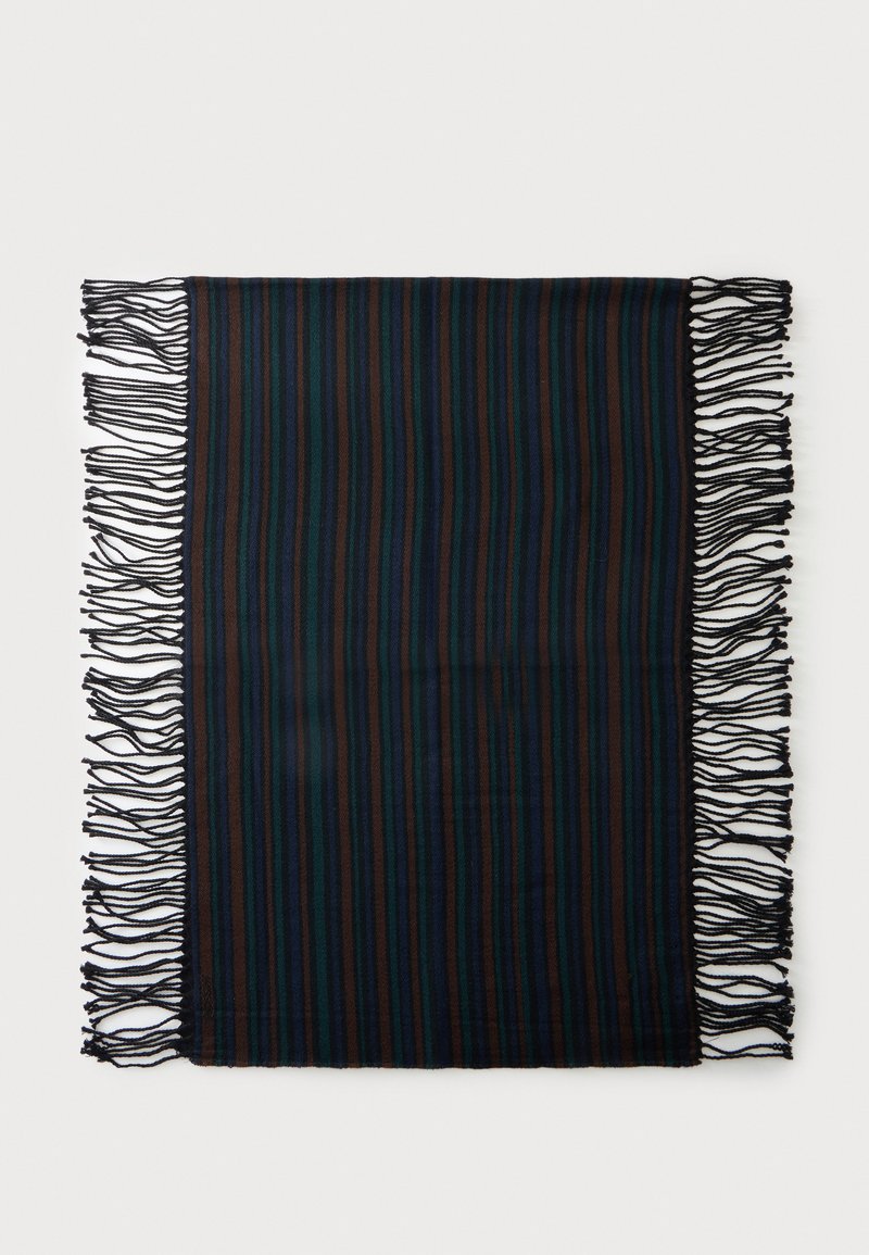 Écharpe rectangulaire foncée avec des rayures verticales bleues et marron et des franges noires aux deux extrémités courtes sur fond blanc.