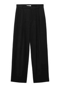 Zwarte wijde broek met plooien aan de voorkant, een knoopsluiting en twee zijzakken, gemaakt van een gladde stof voor comfort.