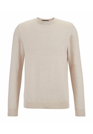 Maglione in maglia beige, scollatura rotonda, maniche lunghe, polsini e orlo a costine. Texture morbida, design minimalista senza motivi o decorazioni.