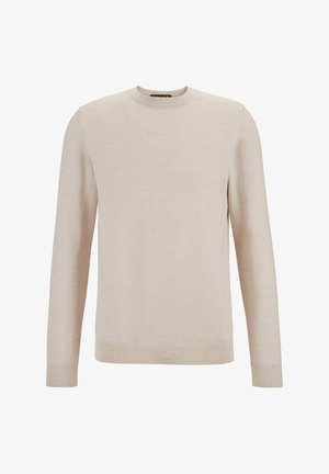 Beige gebreide trui, ronde halslijn, lange mouwen, geribbelde manchetten en zoom. Zachte textuur, minimalistisch ontwerp zonder patronen of versieringen.