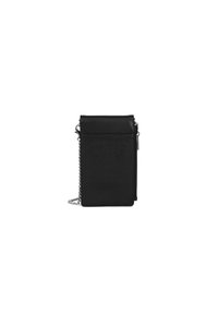 Borsa a tracolla in pelle nera con superficie strutturata, forma rettangolare, tasca con zip sul davanti e tracolla a catena removibile.