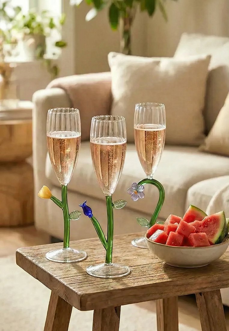 Trzy kieliszki do szampana o motywach kwiatowych z różowym napojem na drewnianym stole obok miski z kawałkami arbuza w salonie.