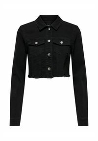 Black cropped denim jacket with long sleeves, featuring silver buttons, two chest pockets, and a frayed hem. Smooth texture and classic collar.