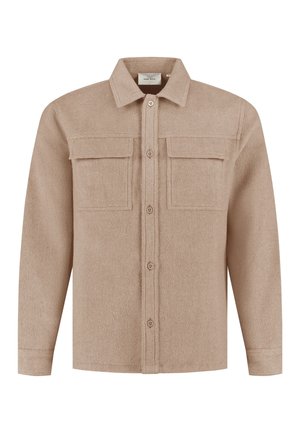 Beige wollen overhemdjasje met een kraag, knoopsluiting en twee borstzakken. Textuurstof met lange mouwen en een rechte snit.