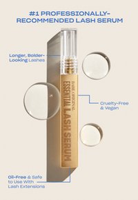 Essentielles Lash-Serum-Röhrchen mit Text, der längere Wimpern, tierversuchsfrei, vegan und ölfrei sowie sicher für Wimpernverlängerungen hervorhebt.