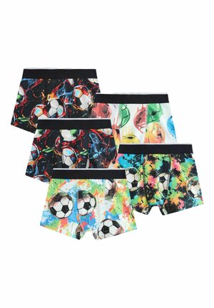 Fünf Paar bunte Boxershorts für Jungen mit verschiedenen Fußballmustern und schwarzen Taillenbändern, fächerförmig angeordnet.