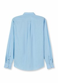 Hellblaues Langarmhemd mit geradem Kragen, geknöpften Manschetten, Rückenpasse und glatter Textur.