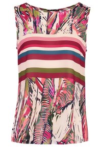 Top bez rukávů s kulatým výstřihem, který má živý vzor růžových, zelených a modrých pruhů a tropických listových vzorů z jemné látky.